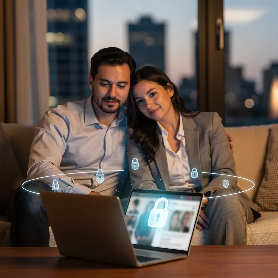 Symbolbild für sicheres Online-Dating mit einem glücklichen Paar. Es veranschaulicht Datenschutz, den Schutz persönlicher Daten, das Erkennen seriöser Dating-Profile und einen sicheren Start in die Partnersuche.