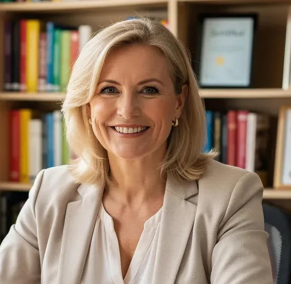Freundliche blonde Frau um die 50, die in einem Büro sitzt.